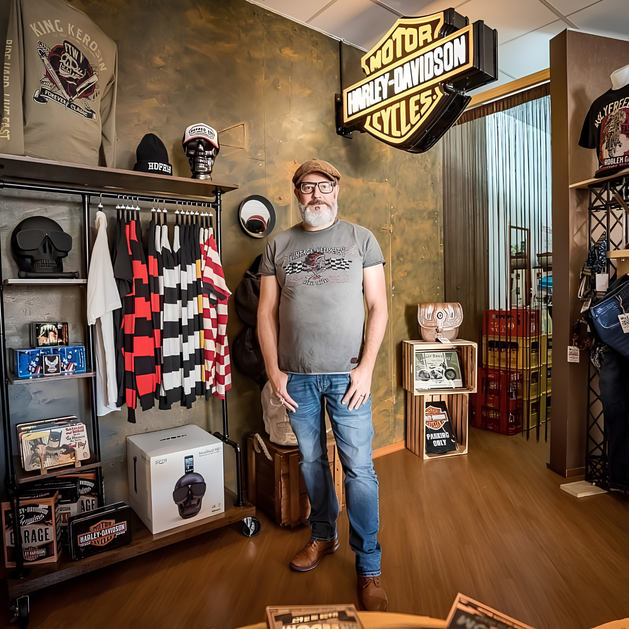 Motorrad-Shop mit rostbrauner Wandgestaltung und beleuchteter Harley-Davidson-Reklame, Kundenprojekt von DEKOFUX
